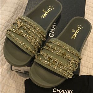 CHANEL | Shoes | Chanel Mules Pool Slides Khaki Chain Cc 4 Saks | Poshmark